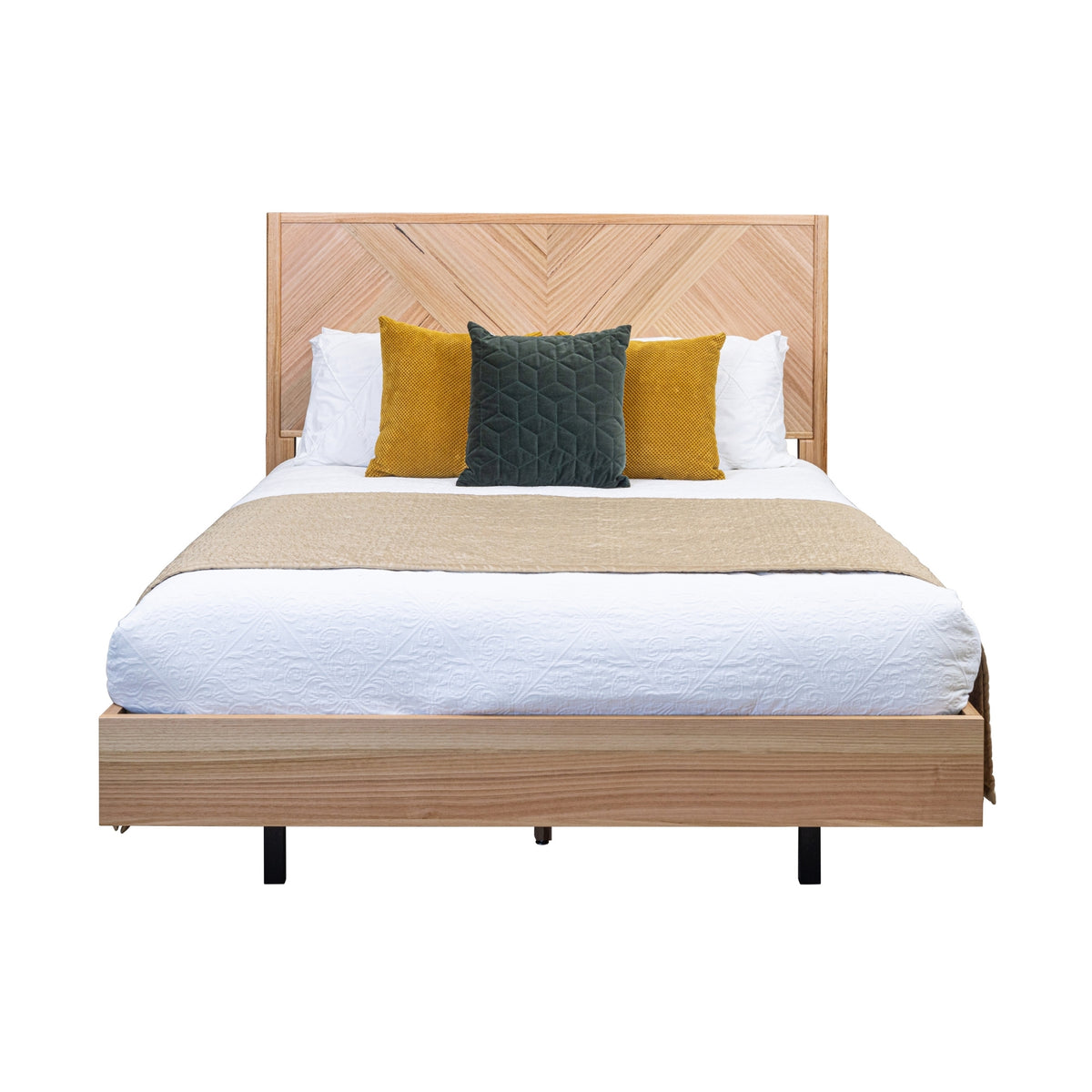 Jindy 4pc Set Queen Bed Frame Bedside Table Tallboy Natural Oak