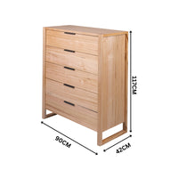 Jindy 4pc Set Queen Bed Frame Bedside Table Tallboy Natural Oak