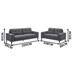 Juliet 2 + 3 Seater Sofa Set Soft Fabric Uplholstered Lounge Couch Licorice Grey