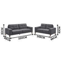 Juliet 2 + 3 Seater Sofa Set Soft Fabric Uplholstered Lounge Couch Licorice Grey