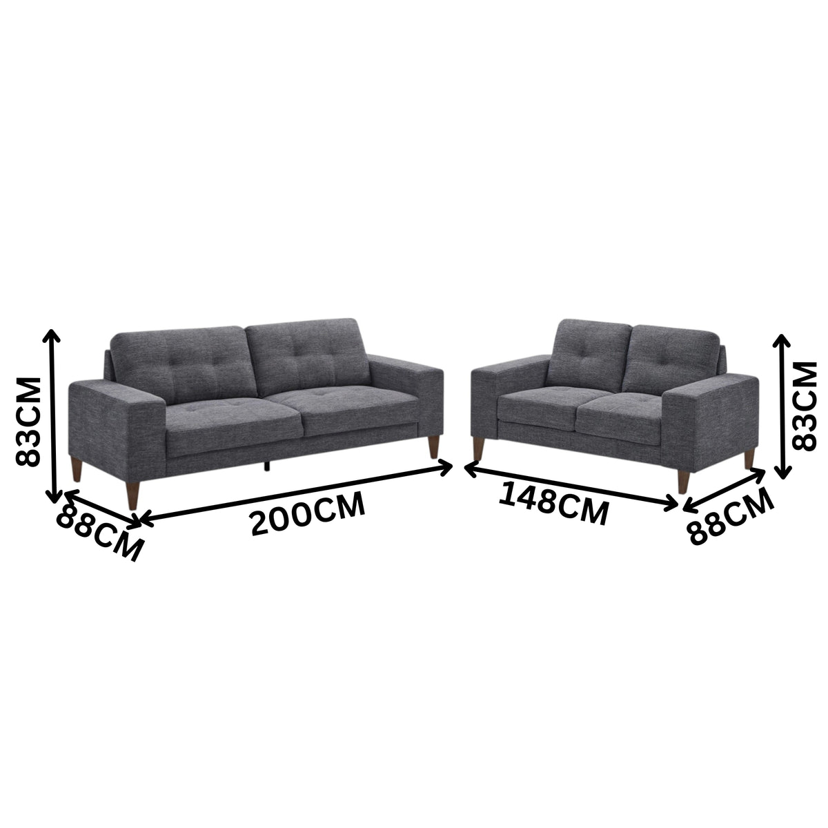 Juliet 2 + 3 Seater Sofa Set Soft Fabric Uplholstered Lounge Couch Licorice Grey