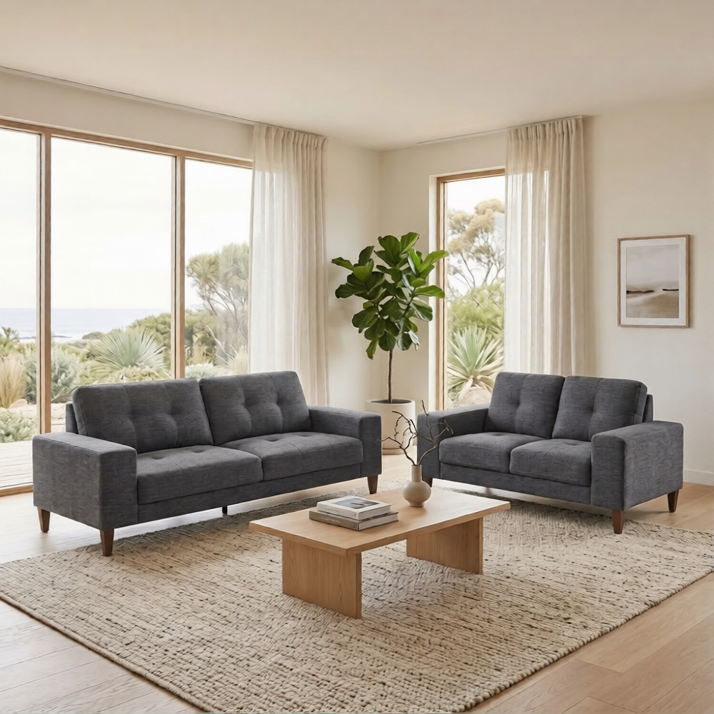 Juliet 2 + 3 Seater Fabric Sofa Set Licorice Grey