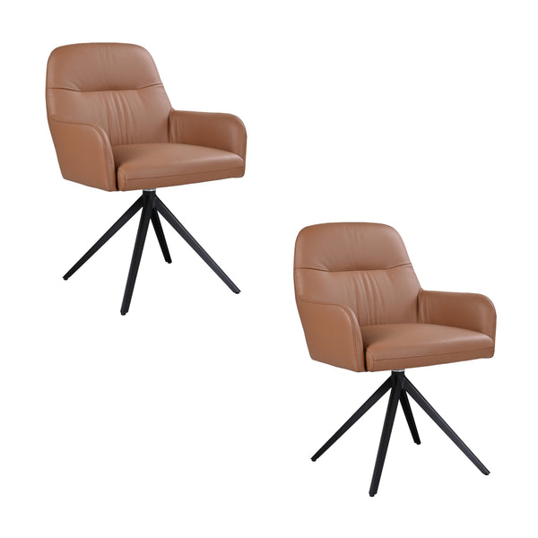 Kelvin 2pc Set Genuine Leather Swivel Arm Dining Chair Cognac Brown