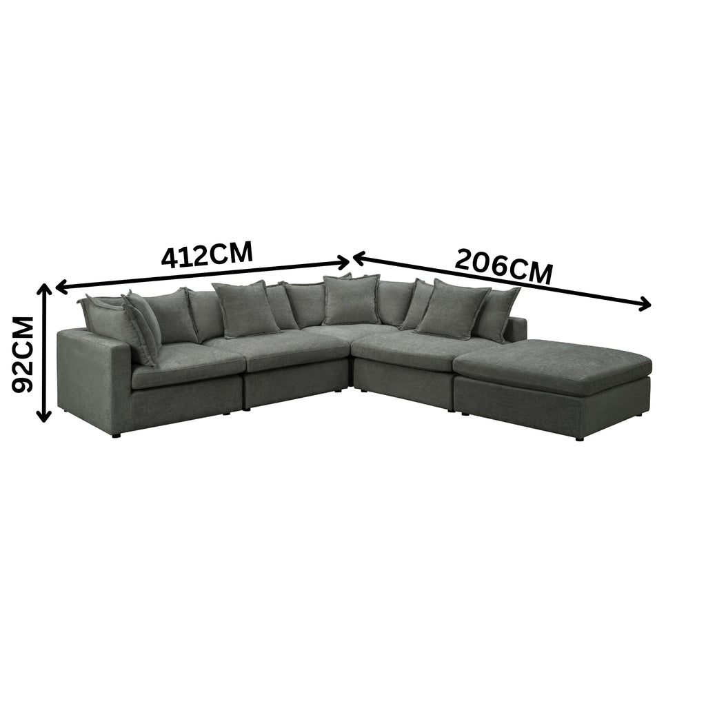 Kensington 4 Seater Corner Fabric Sofa Modular Lounge Ottoman Pewter Dark Grey