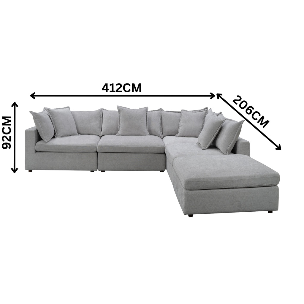 Kensington 4 Seater Corner Fabric Sofa Modular Lounge Ottoman Silver Grey