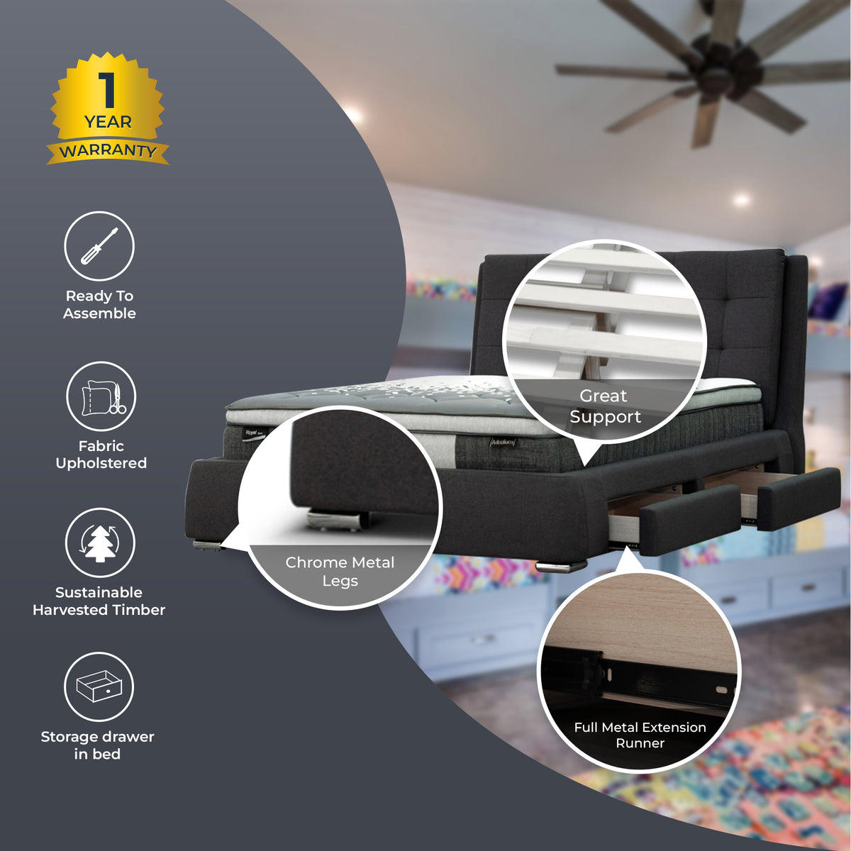 Kiama Bed Frame Grey Queen 