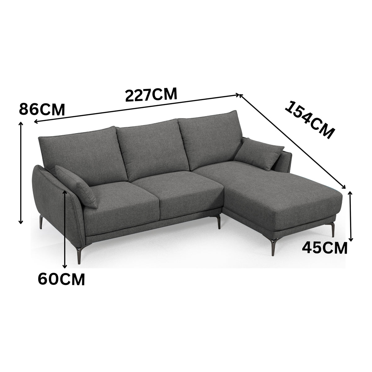 Kyle 2 Seater Fabric Sofa LHF Chaise Grey