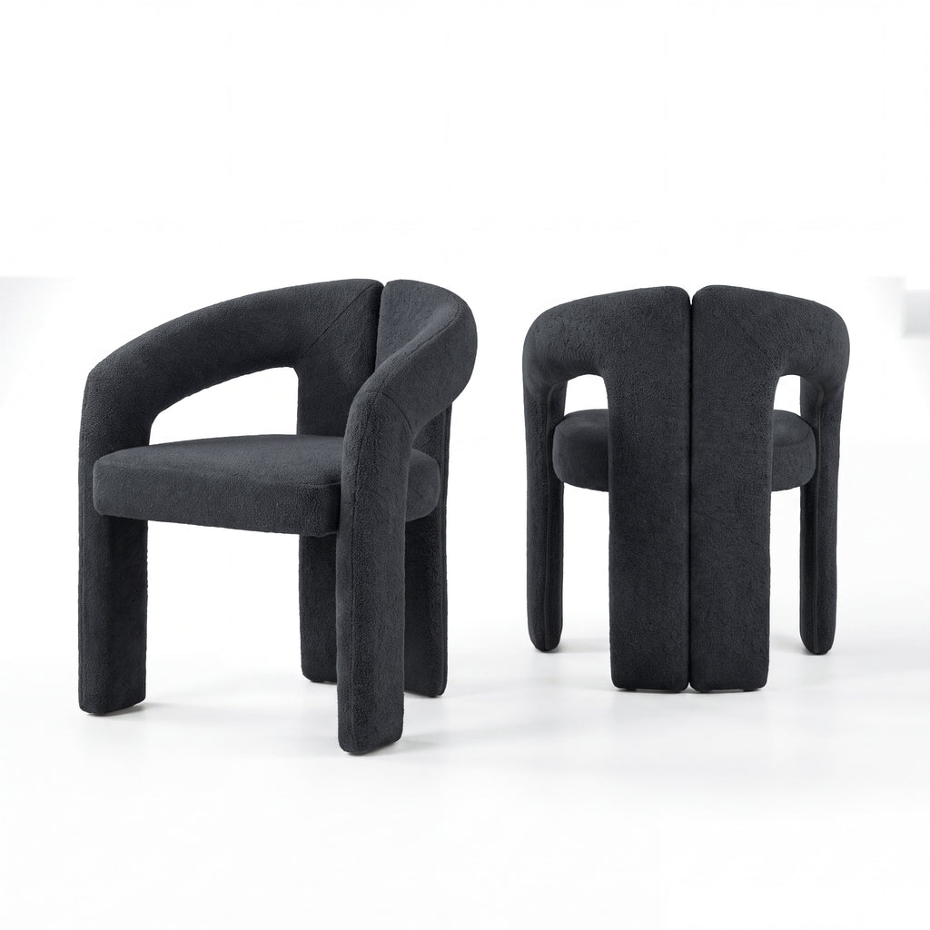 Leva 2pc Set Dining Chair Boucle Fabric Charcoal, pair of chairs, front and rear views, on a white background