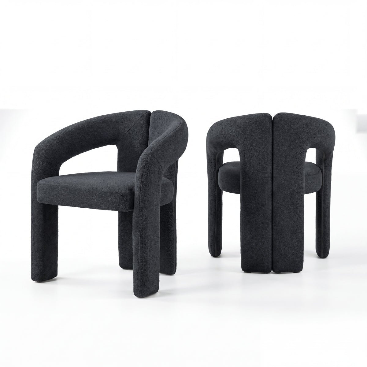 Leva 2pc Set Dining Chair Boucle Fabric Charcoal, pair of chairs, front and rear views, on a white background