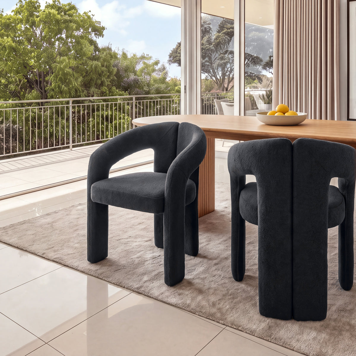 Leva 2pc Set Dining Chair Boucle Fabric Charcoal, pair at a round timber dining table