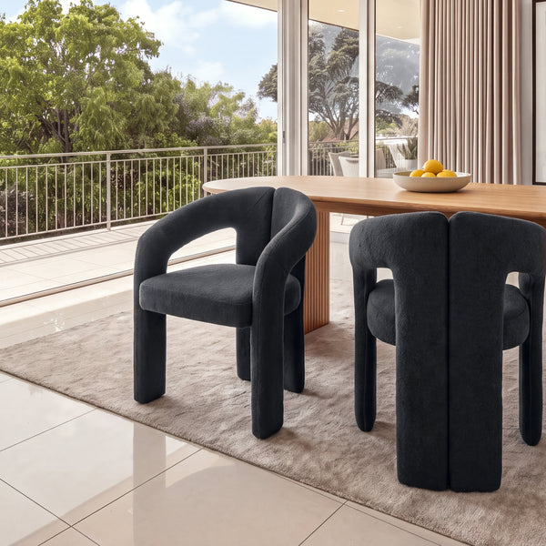 Leva 2pc Set Dining Chair Boucle Fabric Charcoal, pair at a round timber dining table