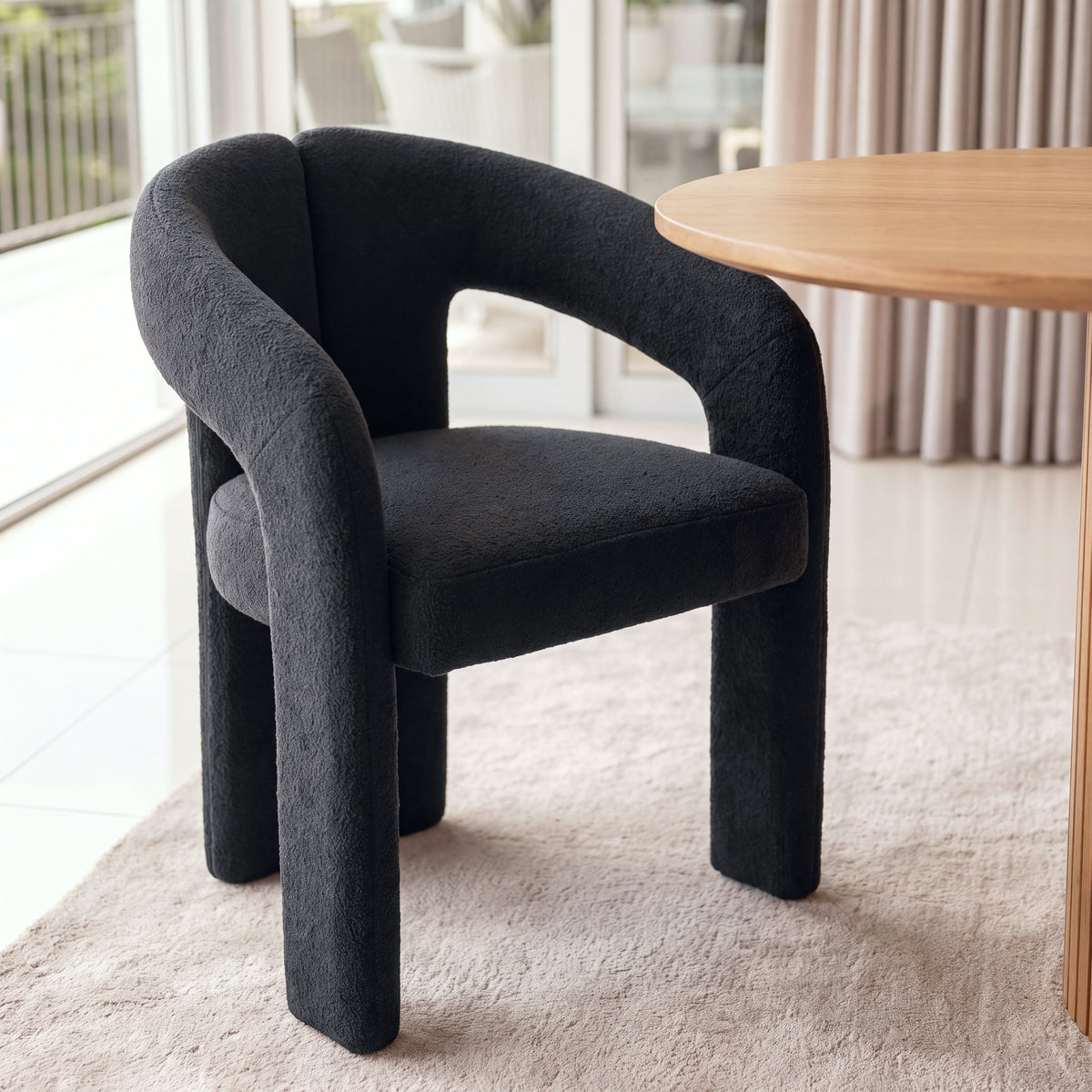 Leva 2pc Set Dining Chair Boucle Fabric Charcoal, close-up of the boucle seat and rounded arms