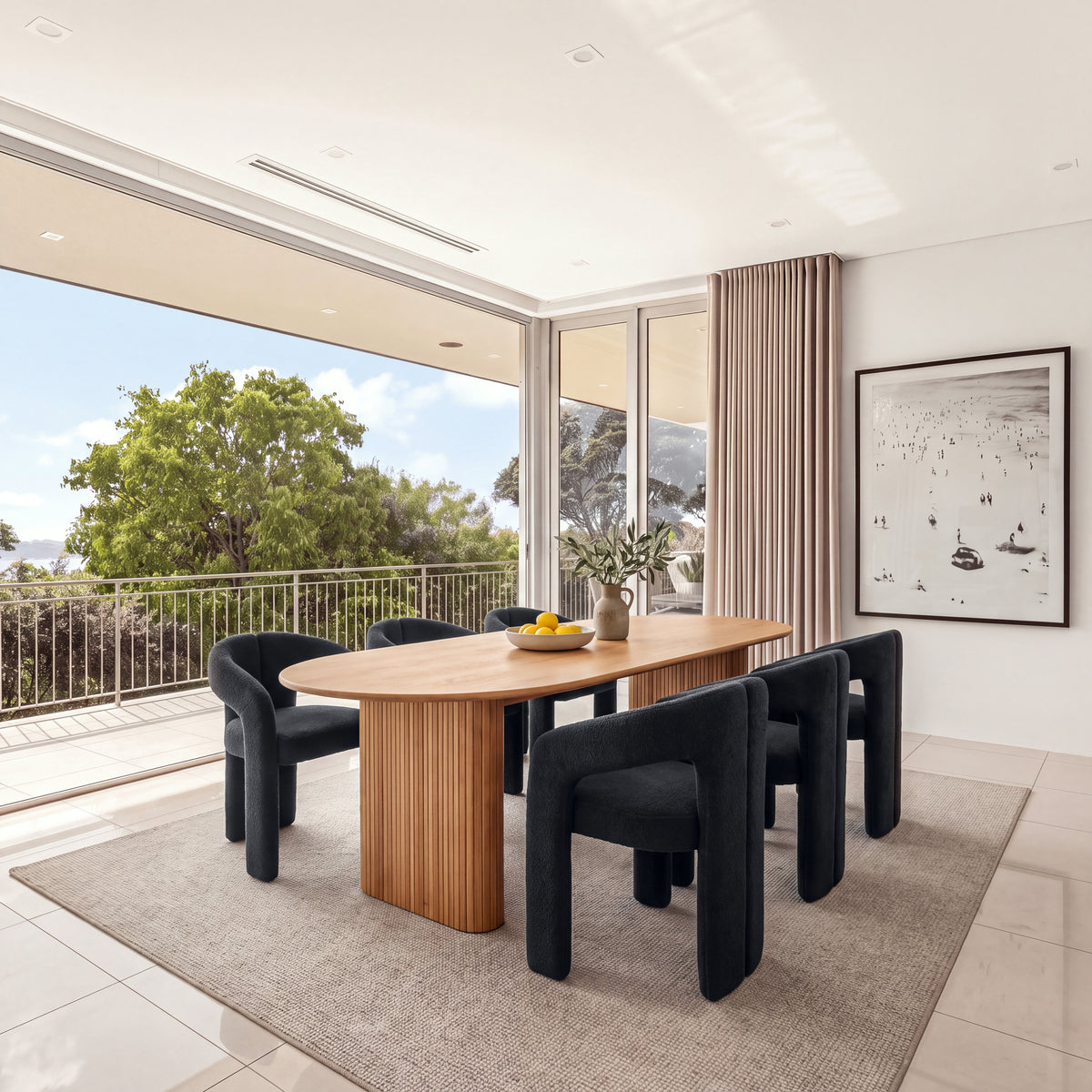 Leva 2pc Set Dining Chair Boucle Fabric Charcoal, in a dining room with balcony views, wide view