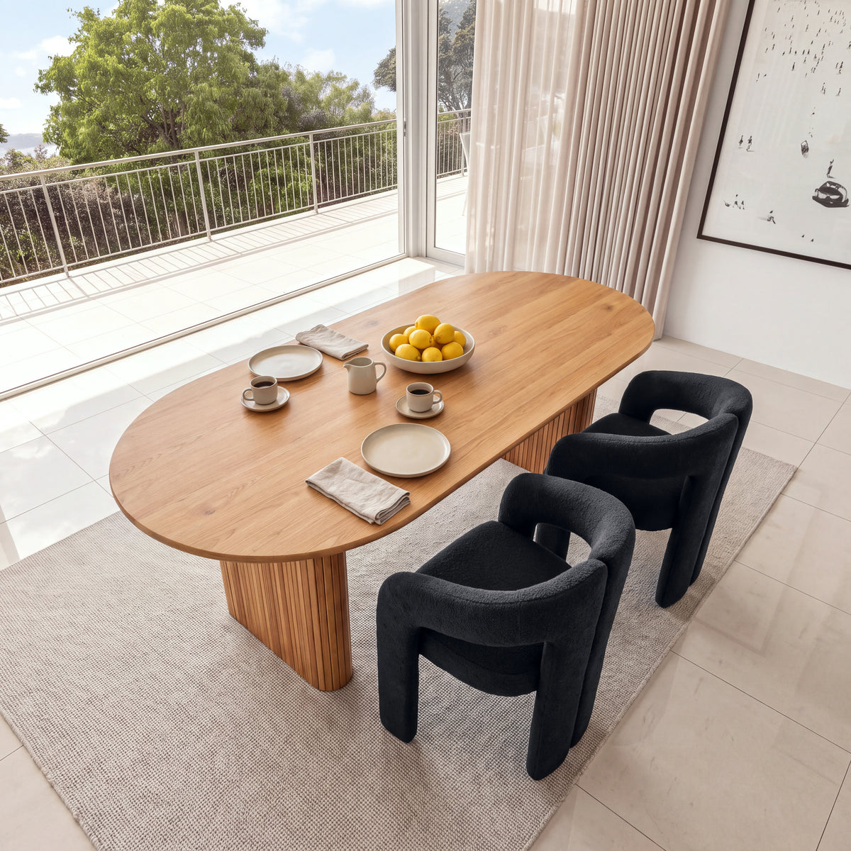 Leva 2pc Set Dining Chair Boucle Fabric Charcoal, around a dining table set for a meal, overhead view