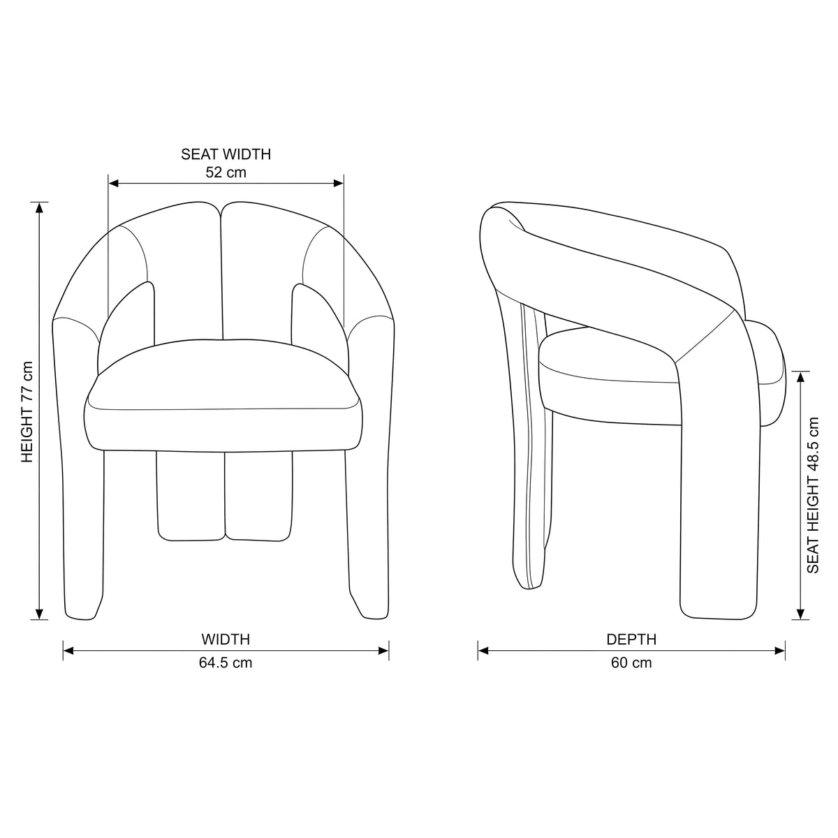 Leva 2pc Set Dining Chair Boucle Fabric Charcoal — dimensions diagram, W64.5 x D60 x H77 cm, seat height 48.5 cm