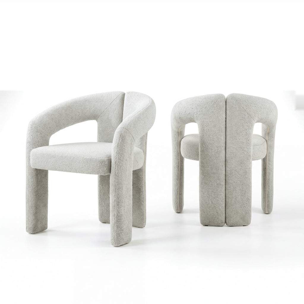 Leva 2pc Set Dining Chair Boucle Fabric Grey, pair of chairs, front and rear views, on a white background