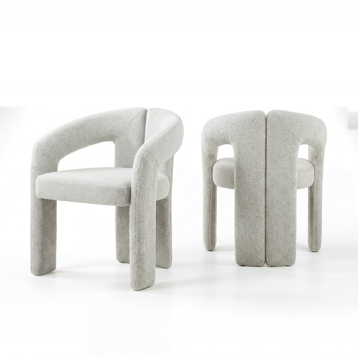 Leva 2pc Set Dining Chair Boucle Fabric Grey, pair of chairs, front and rear views, on a white background
