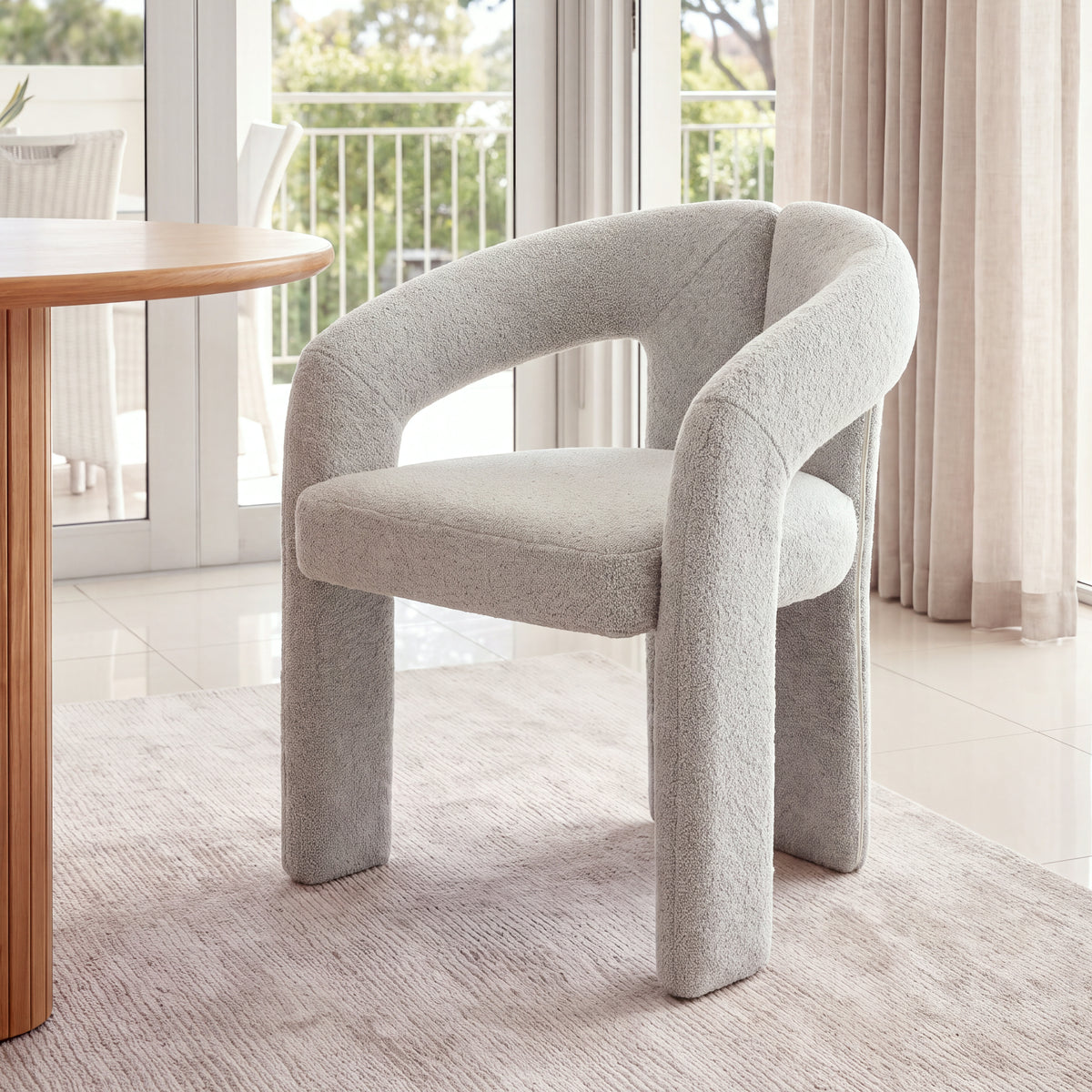 Leva 2pc Set Dining Chair Boucle Fabric Grey, close-up of the boucle seat and rounded arms