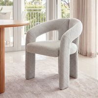 Leva 2pc Set Dining Chair Boucle Fabric Grey, close-up of the boucle seat and rounded arms