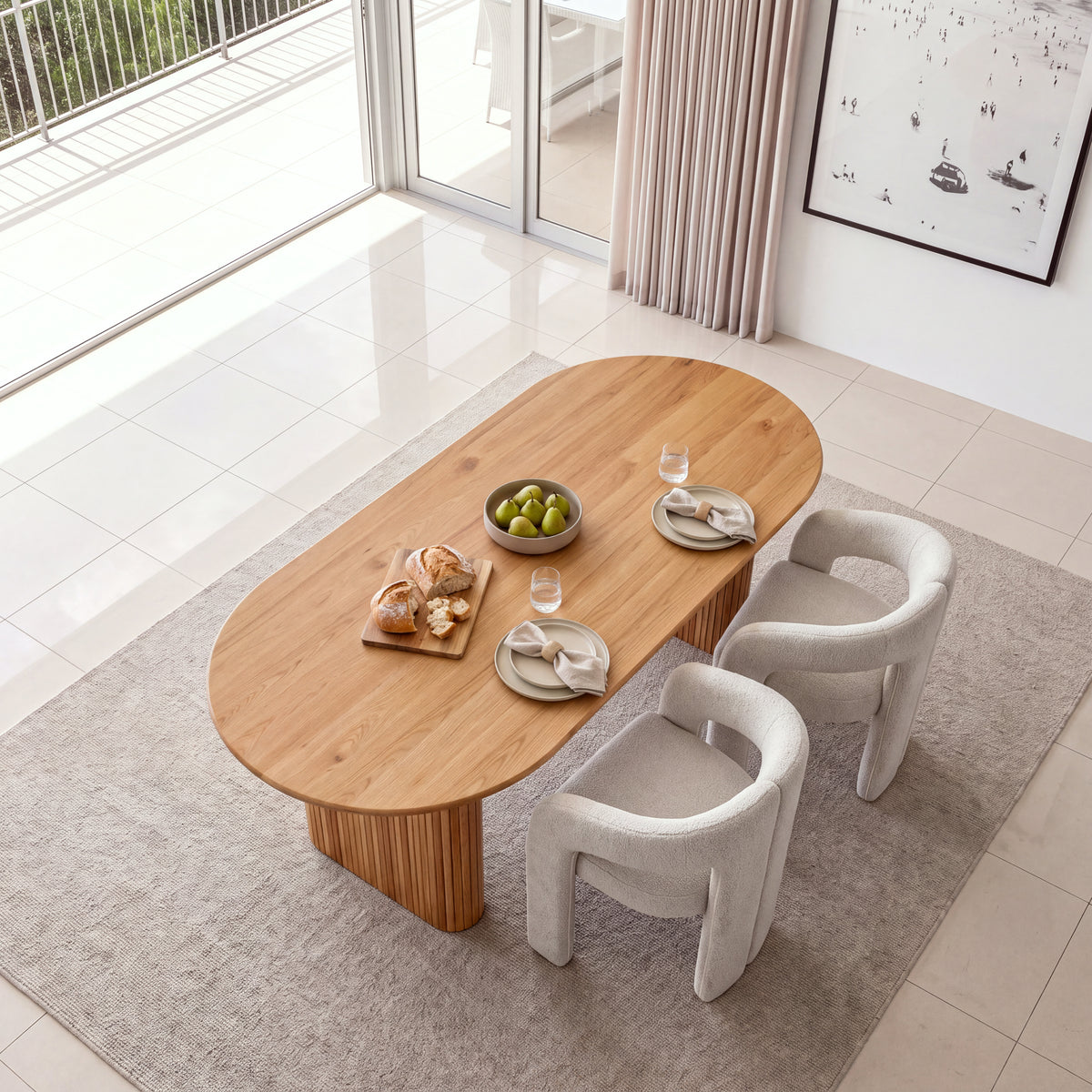 Leva 2pc Set Dining Chair Boucle Fabric Grey, around a dining table set for a meal, overhead view