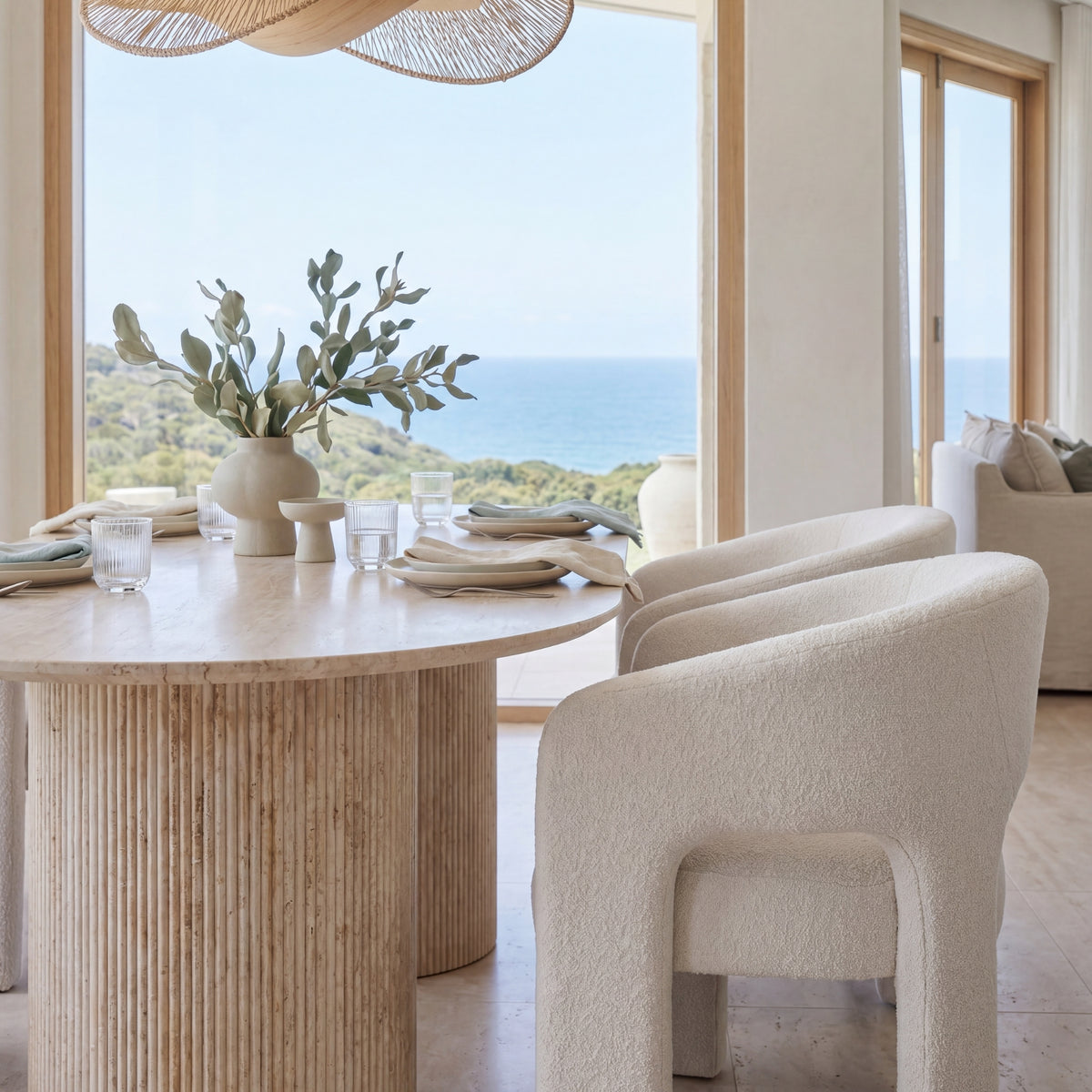 Leva Dining Chair Armchair Boucle Fabric White