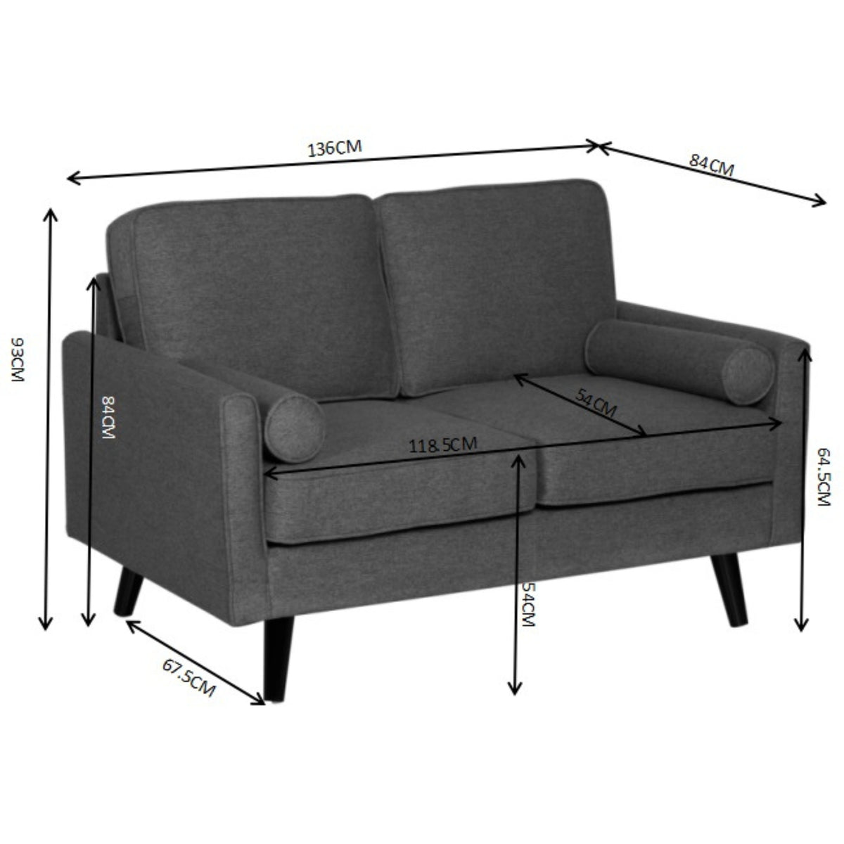 Lexi Fabric Sofa Couch 2 Seater Dark Grey