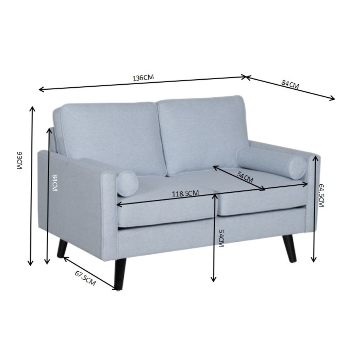 Lexi Fabric Sofa Couch 2 Seater Light Blue