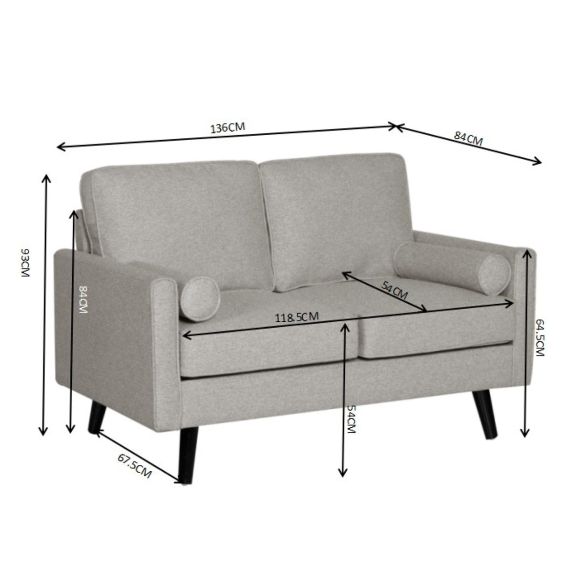 Lexi Fabric Sofa Couch 2 Seater Light Grey