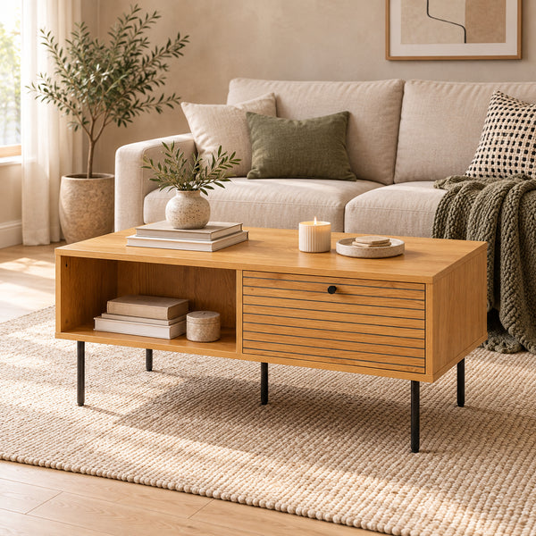 Line 100cm Coffee Table Oak and Black, in front of a sofa in a living room