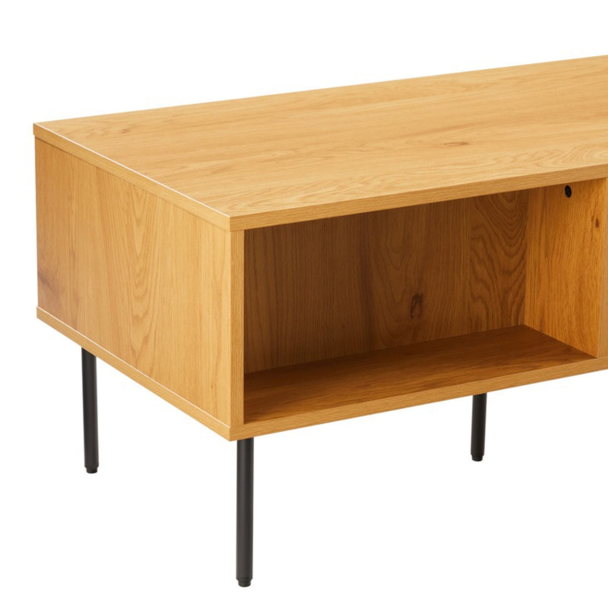 Line 100cm Coffee Table Oak and Black, angled view of the open shelf end