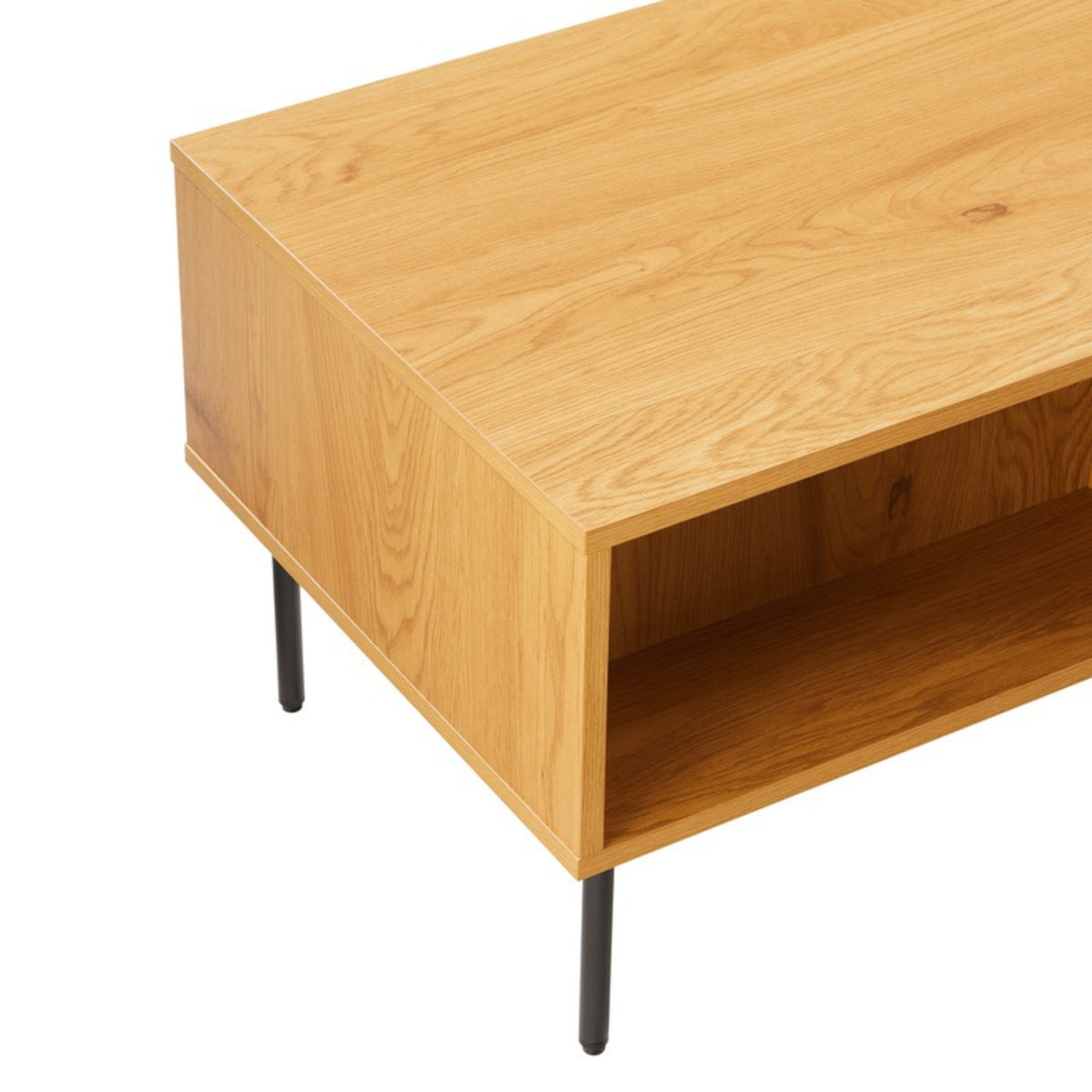 Line 100cm Coffee Table Oak and Black, angled view from the shelf side