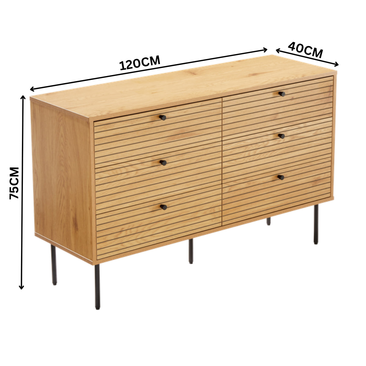 Line 120cm Dresser Chest of 6 Drawers Oak and Black — dimensions diagram