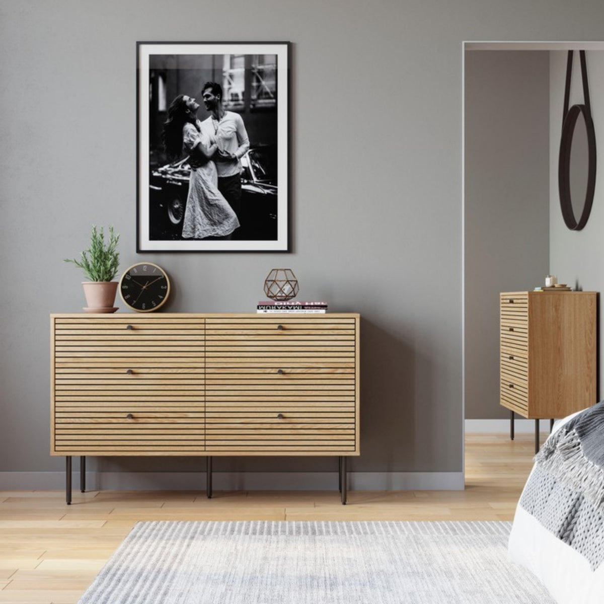 Line 120cm Dresser Chest of 6 Drawers Oak and Black, in a room beneath a framed print