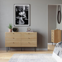 Line 120cm Dresser Chest of 6 Drawers Oak and Black, in a room beneath a framed print
