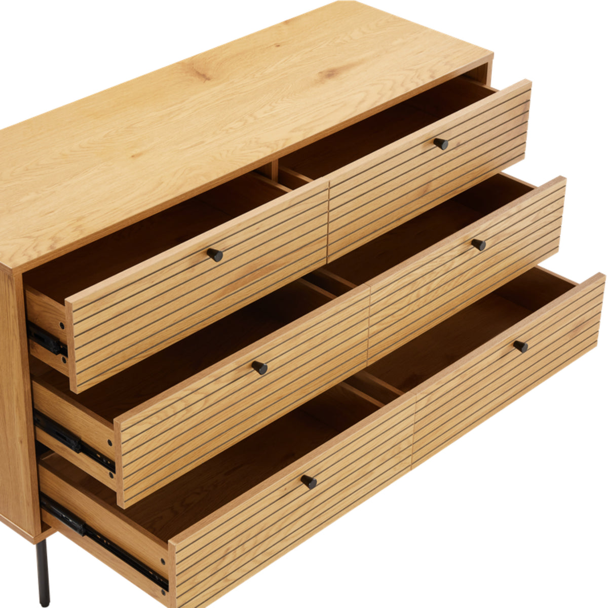 Line 120cm Dresser Chest of 6 Drawers Oak and Black, angled view with the drawers open