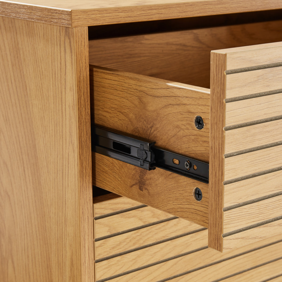 Line 120cm Dresser Chest of 6 Drawers Oak and Black, close-up of the drawer runner