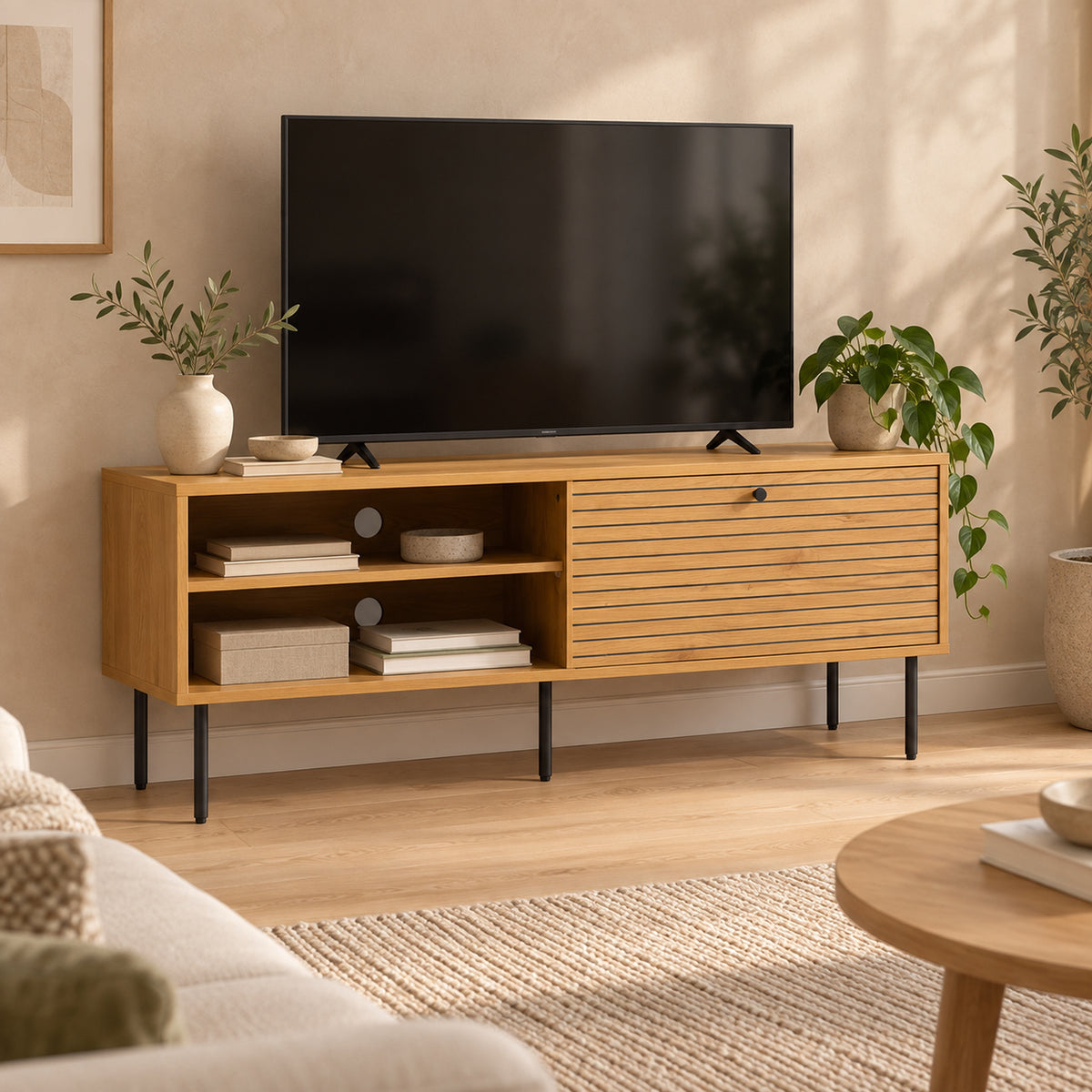Line 120cm ETU Entertainment TV Unit Oak, in a living room with a TV on top