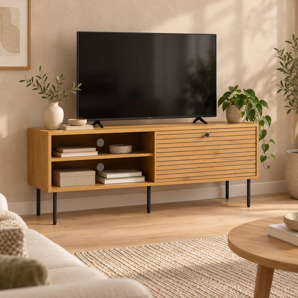 Line 120cm ETU Entertainment TV Unit Oak, in a living room with a TV on top