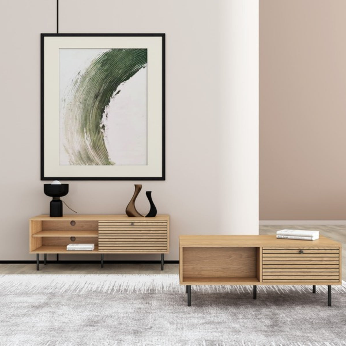 Line 120cm ETU Entertainment TV Unit Oak, in a living room with a coffee table