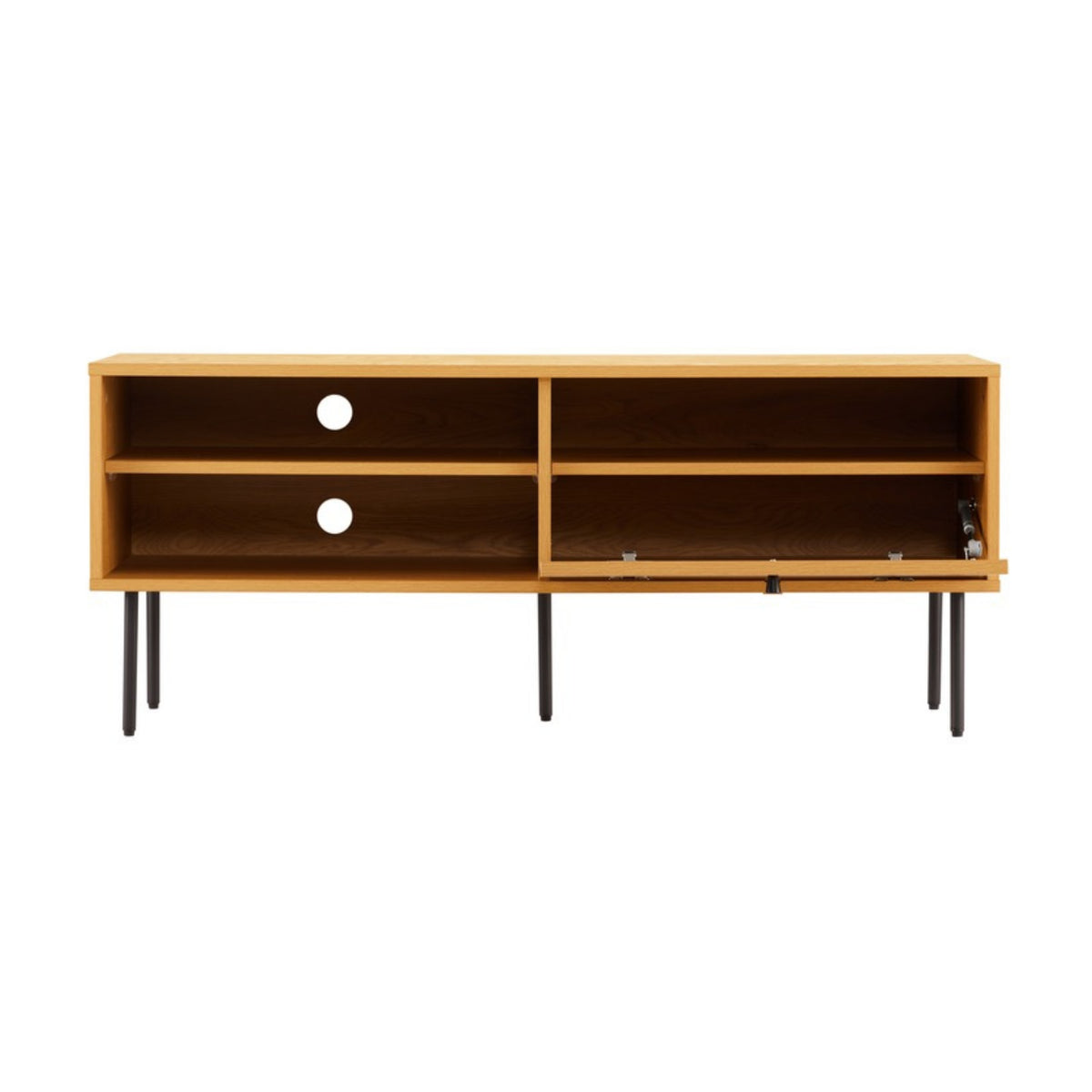 Line 120cm ETU Entertainment TV Unit Oak, low front view of the open shelves and grooved door