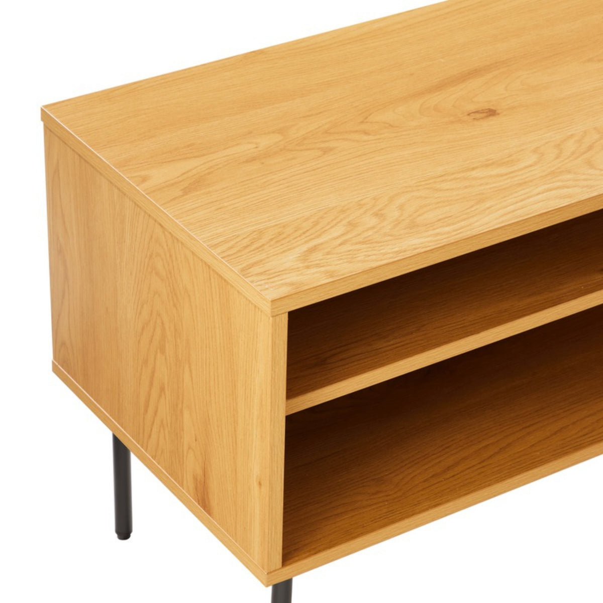 Line 120cm ETU Entertainment TV Unit Oak, close-up of the open shelves
