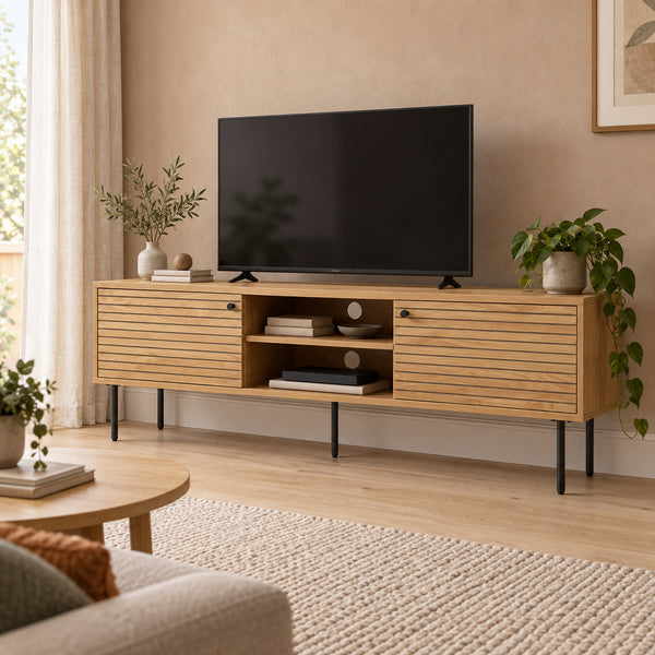 Line 150cm ETU Entertainment TV Unit Oak, in a living room with a TV on top, three-quarter view