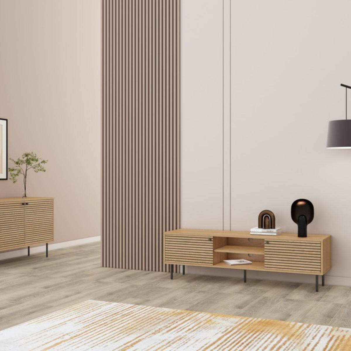 Line 150cm ETU Entertainment TV Unit Oak, in a living room against a panelled wall