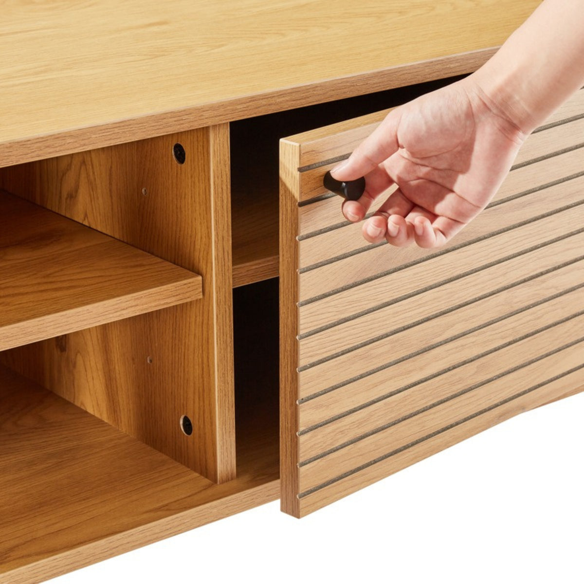 Line 150cm ETU Entertainment TV Unit Oak, close-up of a door being opened