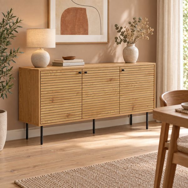 Line 150cm Sideboard Buffet Table Oak and Black, in a dining area beneath a framed print
