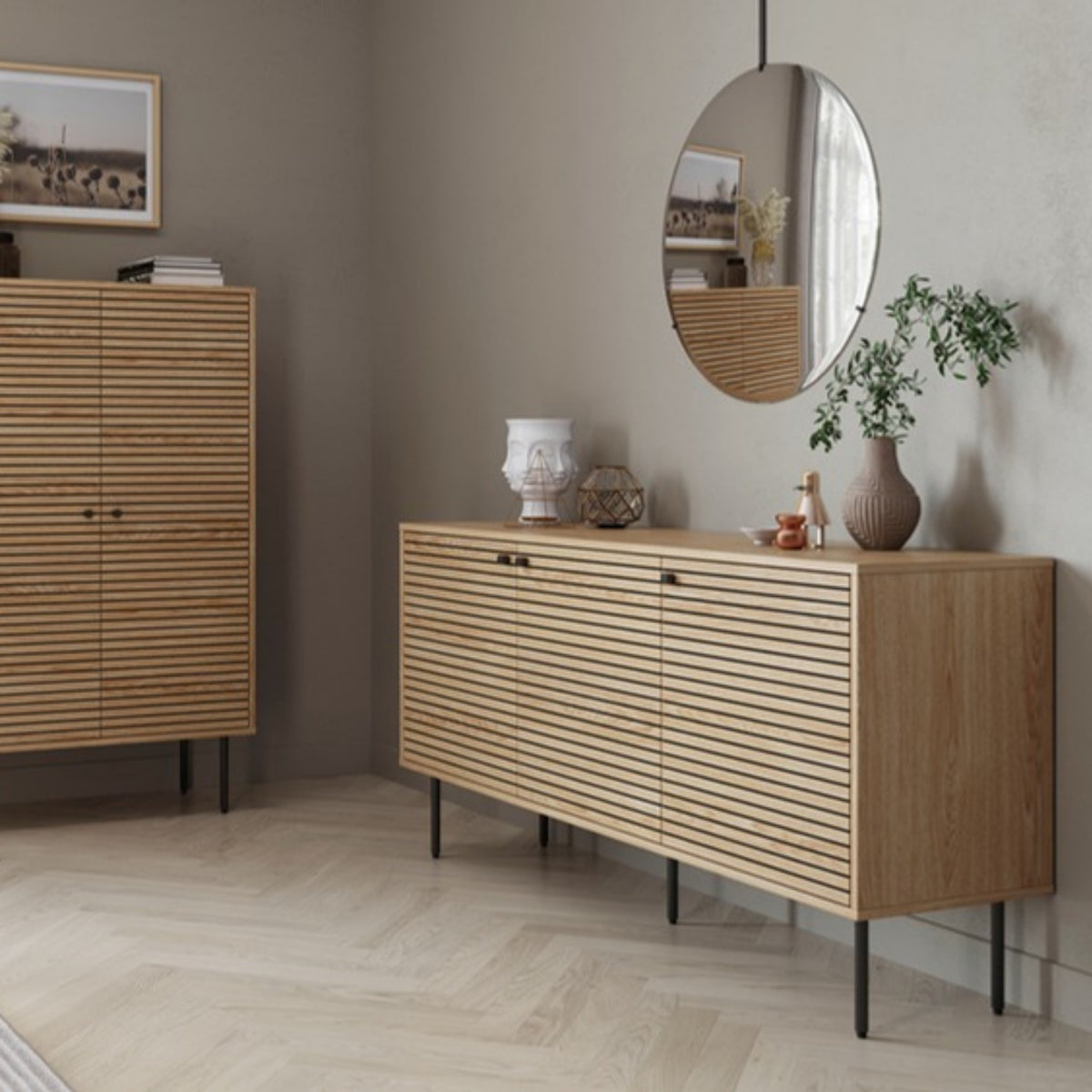 Line 150cm Sideboard Buffet Table Oak and Black, in a living room beneath a round mirror