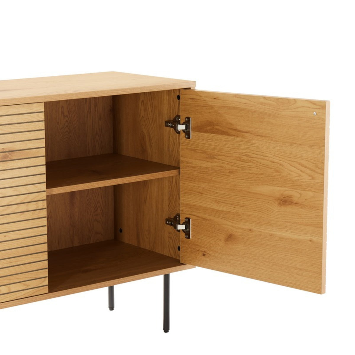 Line 150cm Sideboard Buffet Table Oak and Black, close-up of an open door and shelf