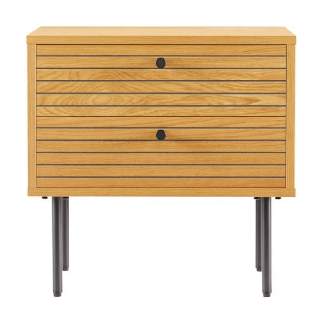 Line 2 Drawer Bedside Table Oak and Black, front view on a white background