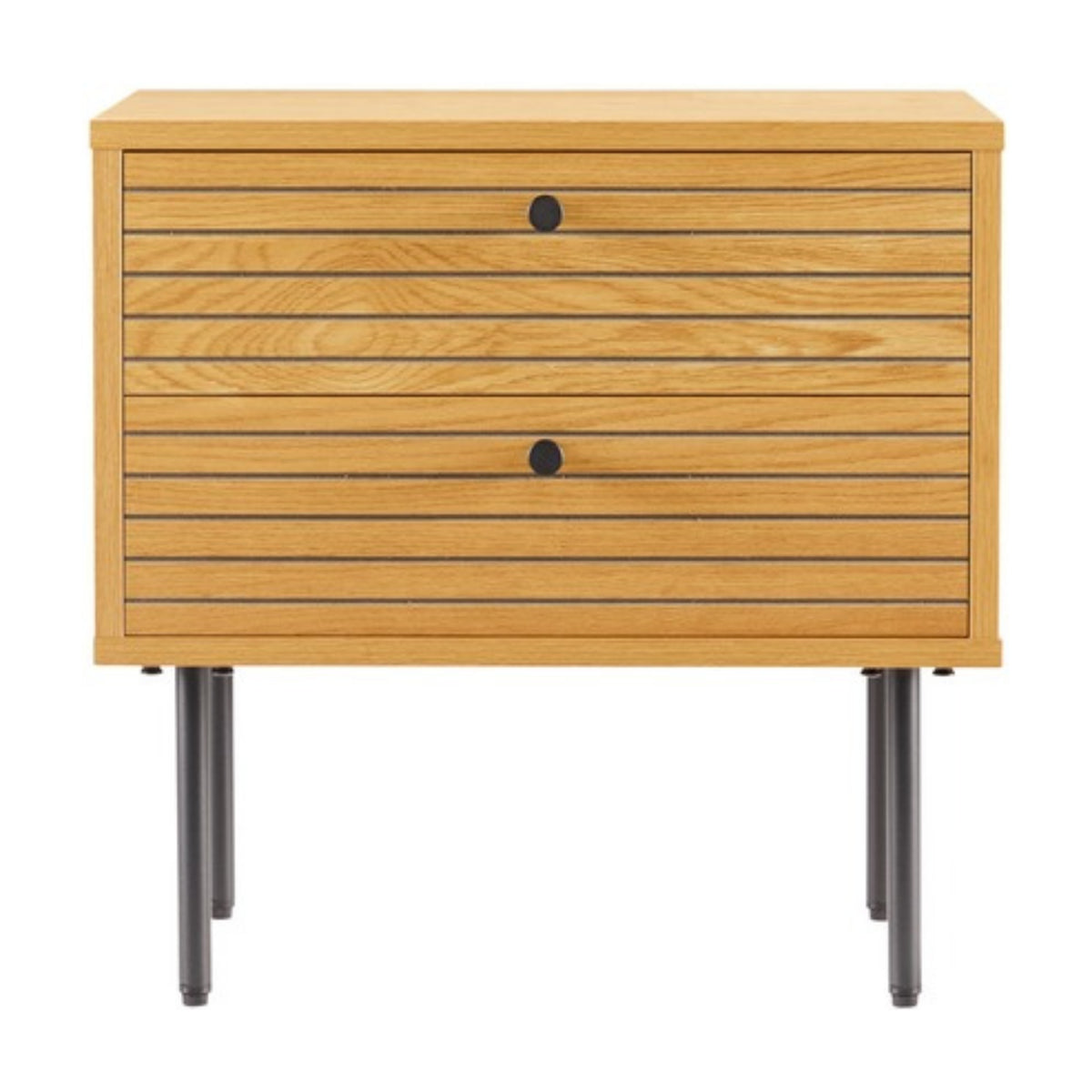 Line 2 Drawer Bedside Table Oak and Black, front view on a white background