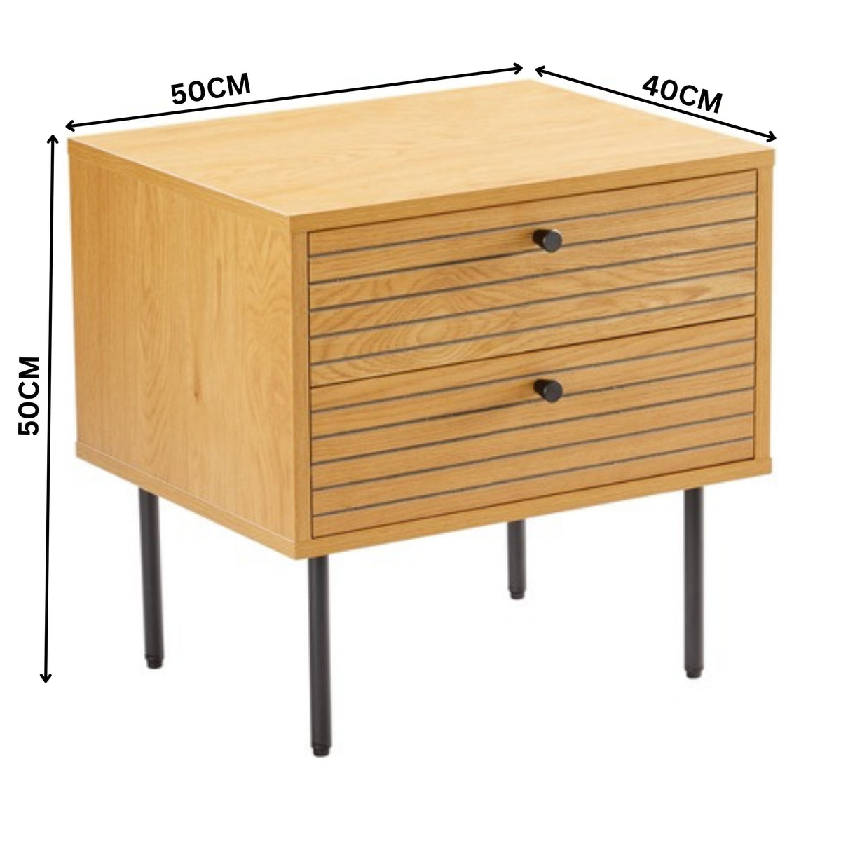 Line 2 Drawer Bedside Table Oak and Black — dimensions diagram